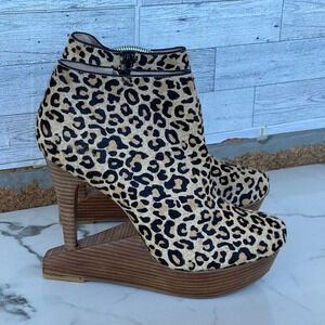 MATIKO Leopard Print Platform Pony Calf Hair Animal Wedge Ankle Boot 10